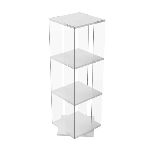 Vitrine de LED branca (38x38x121 cm), com 3 prateleiras giratórias, equipada com iluminação RGB controlada por controle remoto e proteção anti-tombamento Vitrine de LED branca (38x38x121 cm), com 3 prateleiras giratórias, equipada com iluminação RGB controlada por controle remoto e proteção anti-tombamento