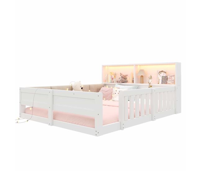 Cama infantil 140 x 200 cm – con barreras, laterales acolchados y led, sin colchón – blanco