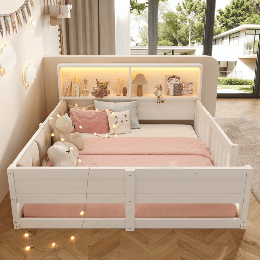 Cama infantil 140 x 200 cm u2013 com grades, laterais almofadadas e LED, sem colchão u2013 branca