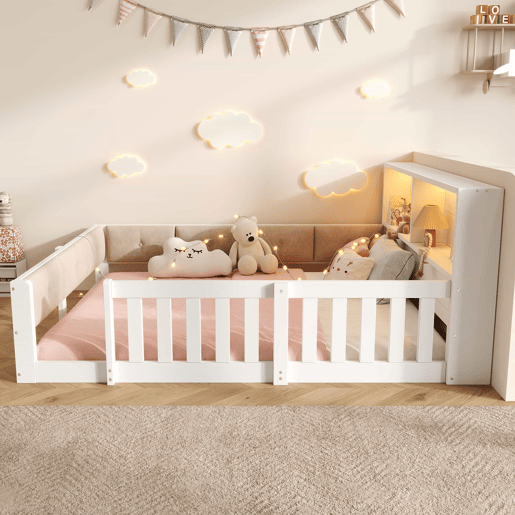Cama infantil 140 x 200 cm u2013 com grades, laterais almofadadas e LED, sem colchão u2013 branca