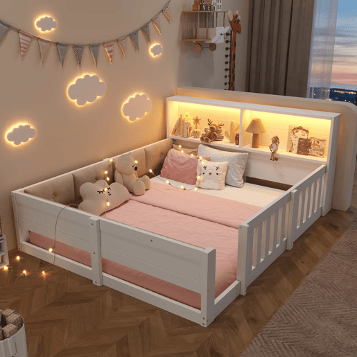 Cama infantil 140 x 200 cm u2013 com grades, laterais almofadadas e LED, sem colchão u2013 branca