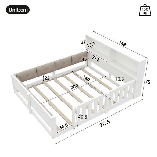 Cama infantil 140 x 200 cm u2013 com grades, laterais almofadadas e LED, sem colchão u2013 branca