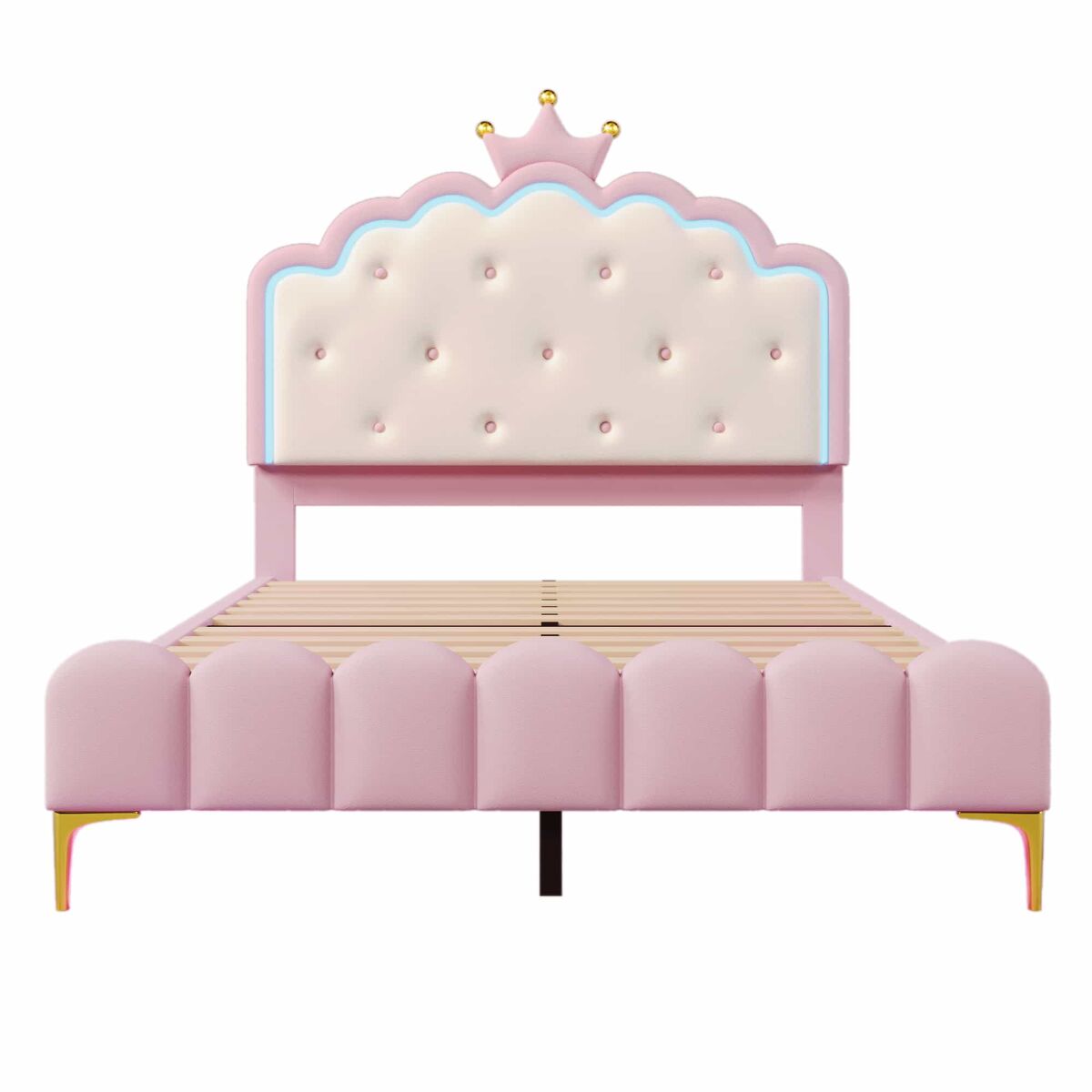 Cama tapizada 140 x 200 cm – con somier, luz ambiental y diseño de corona, sin colchón – rosa