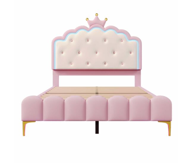 Cama tapizada 140 x 200 cm – con somier, luz ambiental y diseño de corona, sin colchón – rosa