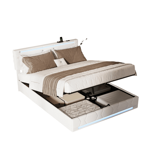 Cama de casal, 160x200 cm (USB e Tipo-C), espaço de arrumação com luzes LED, cama com arrumação elevatória hidráulica, tecido de linho, Beige Cama de casal, 160x200 cm (USB e Tipo-C), espaço de arrumação com luzes LED, cama com arrumação elevatória hidráulica, tecido de linho, Beige