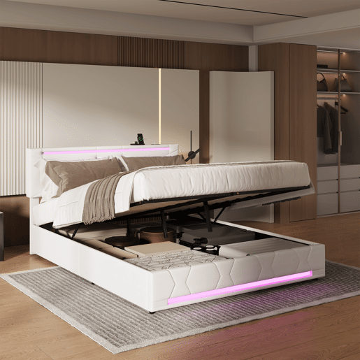 Cama de casal, 160x200 cm (USB e Tipo-C), espaço de arrumação com luzes LED, cama com arrumação elevatória hidráulica, tecido de linho, Beige Cama de casal, 160x200 cm (USB e Tipo-C), espaço de arrumação com luzes LED, cama com arrumação elevatória hidráulica, tecido de linho, Beige