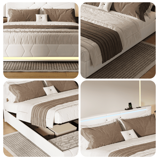 Cama de casal, 160x200 cm (USB e Tipo-C), espaço de arrumação com luzes LED, cama com arrumação elevatória hidráulica, tecido de linho, Beige Cama de casal, 160x200 cm (USB e Tipo-C), espaço de arrumação com luzes LED, cama com arrumação elevatória hidráulica, tecido de linho, Beige