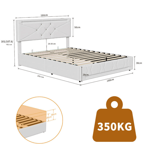 Cama de casal, 160x200 cm (USB e Tipo-C), espaço de arrumação com luzes LED, cama com arrumação elevatória hidráulica, tecido de linho, Beige Cama de casal, 160x200 cm (USB e Tipo-C), espaço de arrumação com luzes LED, cama com arrumação elevatória hidráulica, tecido de linho, Beige