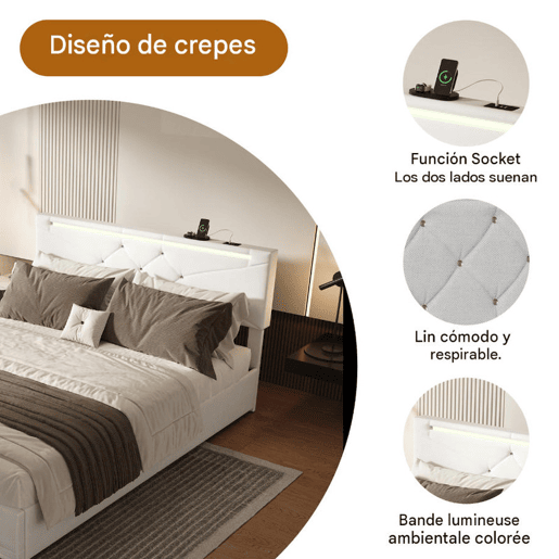 Cama de casal, 160x200 cm (USB e Tipo-C), espaço de arrumação com luzes LED, cama com arrumação elevatória hidráulica, tecido de linho, Beige Cama de casal, 160x200 cm (USB e Tipo-C), espaço de arrumação com luzes LED, cama com arrumação elevatória hidráulica, tecido de linho, Beige