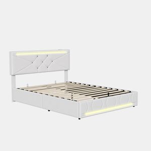 Cama de casal, 140x190 cm (USB e Tipo-C), espaço de arrumação com luzes LED, cama com arrumação elevatória hidráulica, tecido de linho, Beige