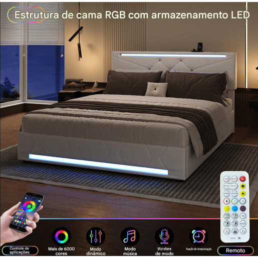 Cama de casal, 140x190 cm (USB e Tipo-C), espaço de arrumação com luzes LED, cama com arrumação elevatória hidráulica, tecido de linho, Beige Cama de casal, 140x190 cm (USB e Tipo-C), espaço de arrumação com luzes LED, cama com arrumação elevatória hidráulica, tecido de linho, Beige