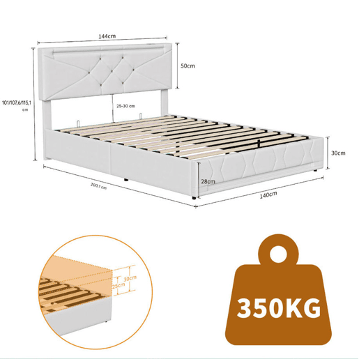 Cama de casal, 140x190 cm (USB e Tipo-C), espaço de arrumação com luzes LED, cama com arrumação elevatória hidráulica, tecido de linho, Beige Cama de casal, 140x190 cm (USB e Tipo-C), espaço de arrumação com luzes LED, cama com arrumação elevatória hidráulica, tecido de linho, Beige