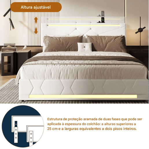 Cama de casal, 140x190 cm (USB e Tipo-C), espaço de arrumação com luzes LED, cama com arrumação elevatória hidráulica, tecido de linho, Beige Cama de casal, 140x190 cm (USB e Tipo-C), espaço de arrumação com luzes LED, cama com arrumação elevatória hidráulica, tecido de linho, Beige