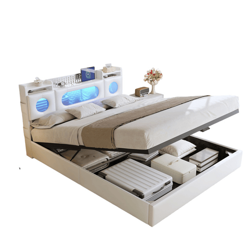 Cama de casal (160 × 200 cm), branca conta com iluminação LED, portas USB e tipo C, e espaço de arrumação por baixo da cama