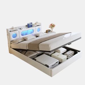 Cama de casal (160 × 200 cm), branca conta com iluminação LED, portas USB e tipo C, e espaço de arrumação por baixo da cama