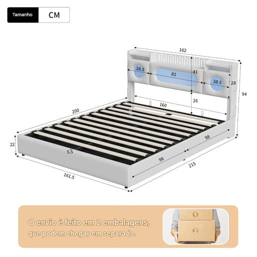Cama de casal (160 × 200 cm), branca conta com iluminação LED, portas USB e tipo C, e espaço de arrumação por baixo da cama