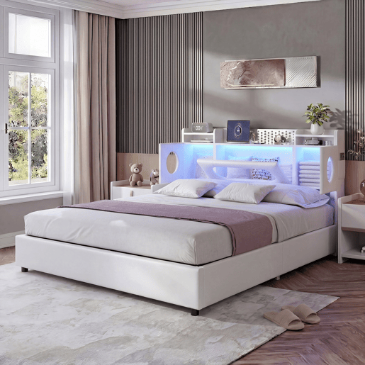 Cama de casal (160 × 200 cm), branca conta com iluminação LED, portas USB e tipo C, e espaço de arrumação por baixo da cama