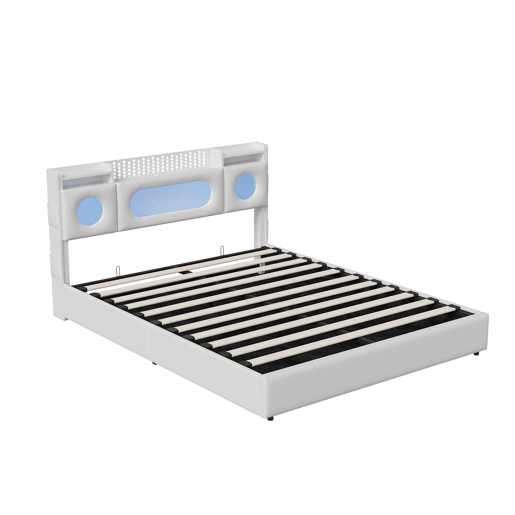 Cama de casal (160 × 200 cm), branca conta com iluminação LED, portas USB e tipo C, e espaço de arrumação por baixo da cama