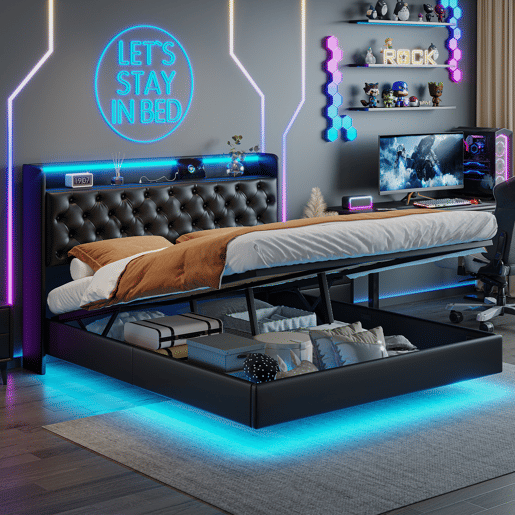 Cama de casal (160 × 200 cm) em pele sintética (PU) preta. Possui iluminação LED, porta USB e espaço de armazenamento Cama de casal (160 × 200 cm) em pele sintética (PU) preta. Possui iluminação LED, porta USB e espaço de armazenamento