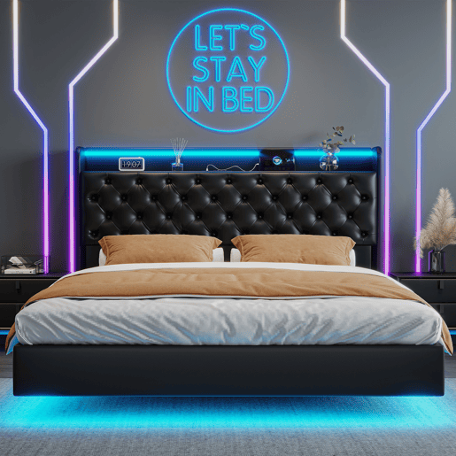Cama de casal (160 × 200 cm) em pele sintética (PU) preta. Possui iluminação LED, porta USB e espaço de armazenamento Cama de casal (160 × 200 cm) em pele sintética (PU) preta. Possui iluminação LED, porta USB e espaço de armazenamento