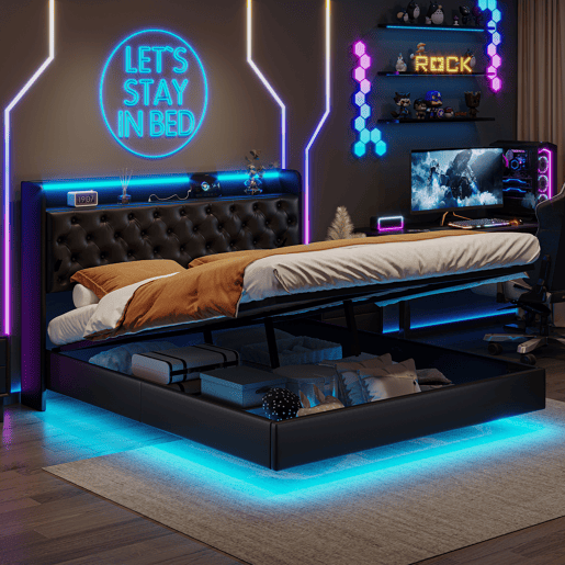 Cama de casal (160 × 200 cm) em pele sintética (PU) preta. Possui iluminação LED, porta USB e espaço de armazenamento Cama de casal (160 × 200 cm) em pele sintética (PU) preta. Possui iluminação LED, porta USB e espaço de armazenamento