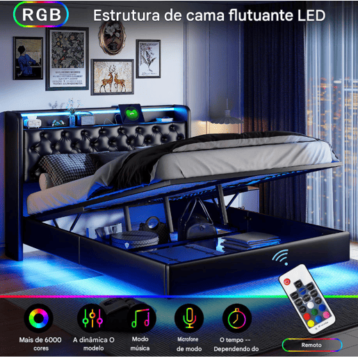 Cama de casal (160 × 200 cm) em pele sintética (PU) preta. Possui iluminação LED, porta USB e espaço de armazenamento Cama de casal (160 × 200 cm) em pele sintética (PU) preta. Possui iluminação LED, porta USB e espaço de armazenamento