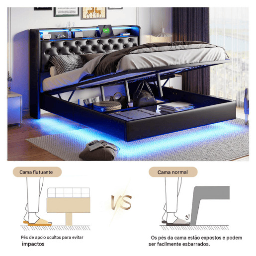 Cama de casal (160 × 200 cm) em pele sintética (PU) preta. Possui iluminação LED, porta USB e espaço de armazenamento Cama de casal (160 × 200 cm) em pele sintética (PU) preta. Possui iluminação LED, porta USB e espaço de armazenamento