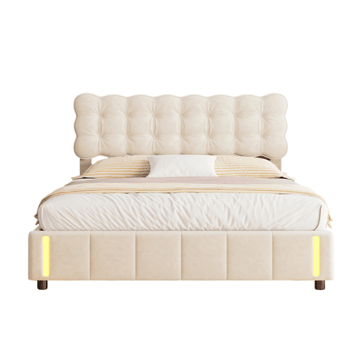 Cama de casal (160x200 cm), cor Beige, veludo, iluminação LED, estrado de ripas e espaço de arrumação