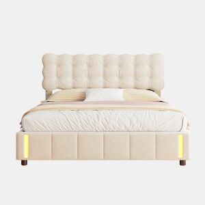 Cama de casal (160x200 cm), cor Beige, veludo, iluminação LED, estrado de ripas e espaço de arrumação