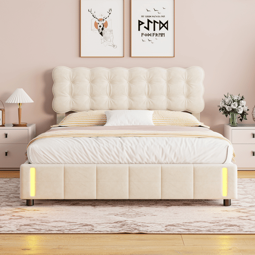 Cama de casal (160x200 cm), cor Beige, veludo, iluminação LED, estrado de ripas e espaço de arrumação