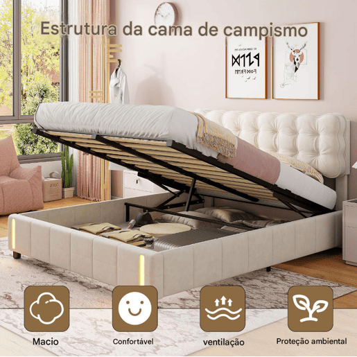 Cama de casal (160x200 cm), cor Beige, veludo, iluminação LED, estrado de ripas e espaço de arrumação