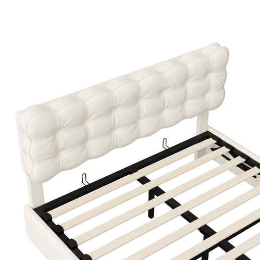 Cama de casal (160x200 cm), cor Beige, veludo, iluminação LED, estrado de ripas e espaço de arrumação