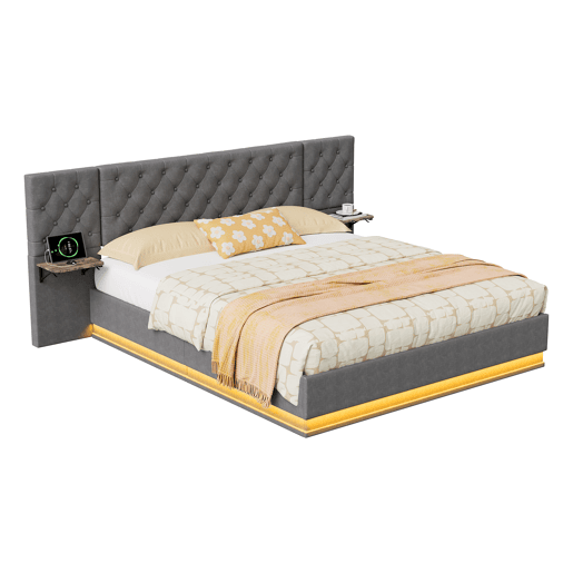 Cama de casal (160 x 200 cm), ecrã LED, portas USB e Tipo-C, cama com espaço de arrumação
