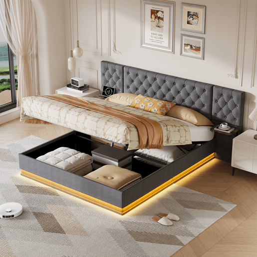 Cama de casal (160 x 200 cm), ecrã LED, portas USB e Tipo-C, cama com espaço de arrumação