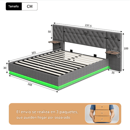 Cama de casal (160 x 200 cm), ecrã LED, portas USB e Tipo-C, cama com espaço de arrumação