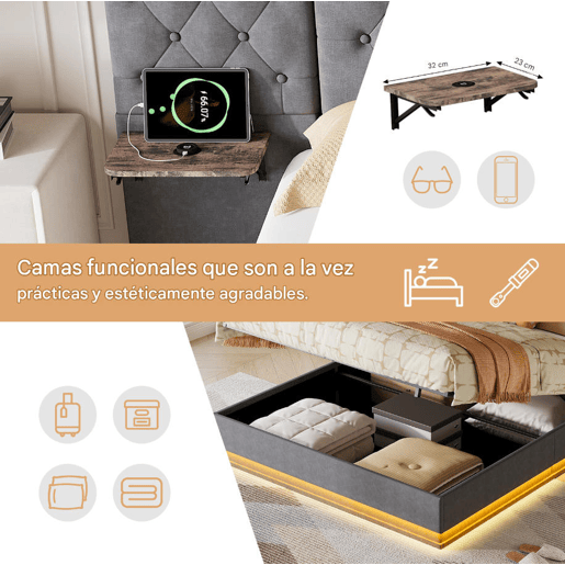 Cama de casal (160 x 200 cm), ecrã LED, portas USB e Tipo-C, cama com espaço de arrumação