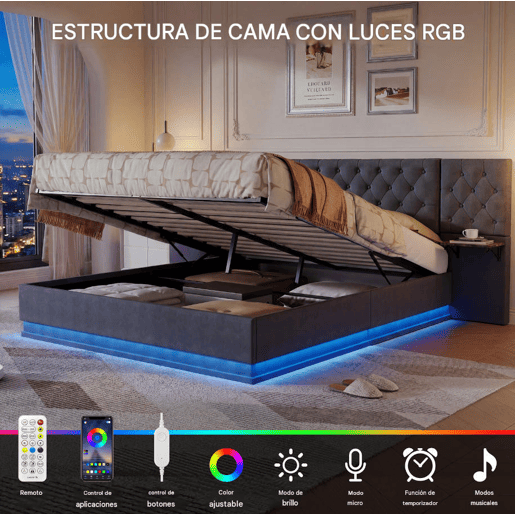 Cama de casal (160 x 200 cm), ecrã LED, portas USB e Tipo-C, cama com espaço de arrumação