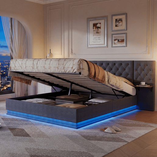 Cama de casal (160 x 200 cm), ecrã LED, portas USB e Tipo-C, cama com espaço de arrumação