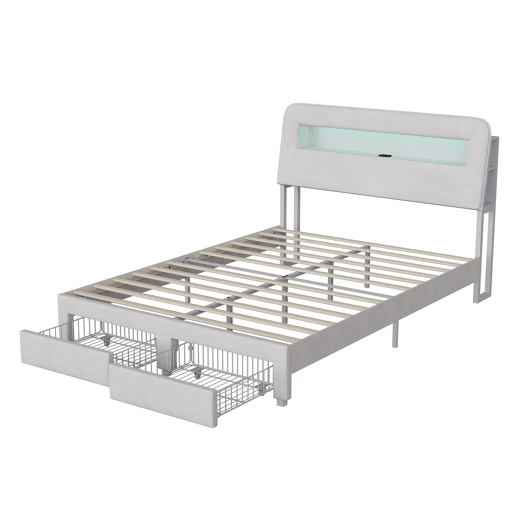 Cama de 140 x 200 cm com gaveta, cama com arrumação e LED (juvenil), cama de casal em veludo, Beige. Cama de 140 x 200 cm com gaveta, cama com arrumação e LED (juvenil), cama de casal em veludo, Beige.