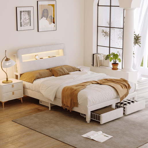 Cama de 140 x 200 cm com gaveta, cama com arrumação e LED (juvenil), cama de casal em veludo, Beige. Cama de 140 x 200 cm com gaveta, cama com arrumação e LED (juvenil), cama de casal em veludo, Beige.