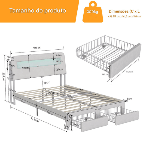 Cama de 140 x 200 cm com gaveta, cama com arrumação e LED (juvenil), cama de casal em veludo, Beige. Cama de 140 x 200 cm com gaveta, cama com arrumação e LED (juvenil), cama de casal em veludo, Beige.