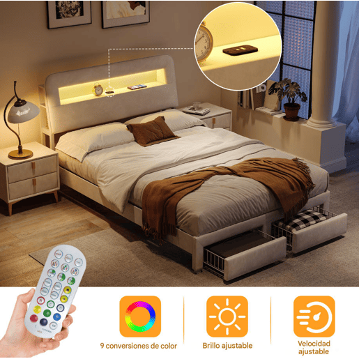 Cama de 140 x 200 cm com gaveta, cama com arrumação e LED (juvenil), cama de casal em veludo, Beige. Cama de 140 x 200 cm com gaveta, cama com arrumação e LED (juvenil), cama de casal em veludo, Beige.