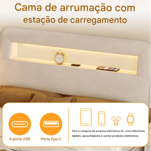 Cama de 140 x 200 cm com gaveta, cama com arrumação e LED (juvenil), cama de casal em veludo, Beige. Cama de 140 x 200 cm com gaveta, cama com arrumação e LED (juvenil), cama de casal em veludo, Beige.