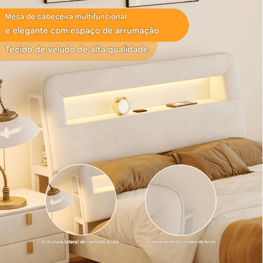 Cama de 140 x 200 cm com gaveta, cama com arrumação e LED (juvenil), cama de casal em veludo, Beige. Cama de 140 x 200 cm com gaveta, cama com arrumação e LED (juvenil), cama de casal em veludo, Beige.