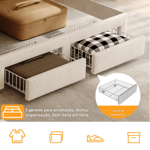 Cama de 140 x 200 cm com gaveta, cama com arrumação e LED (juvenil), cama de casal em veludo, Beige. Cama de 140 x 200 cm com gaveta, cama com arrumação e LED (juvenil), cama de casal em veludo, Beige.