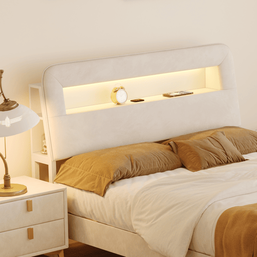 Cama de 140 x 200 cm com gaveta, cama com arrumação e LED (juvenil), cama de casal em veludo, Beige. Cama de 140 x 200 cm com gaveta, cama com arrumação e LED (juvenil), cama de casal em veludo, Beige.