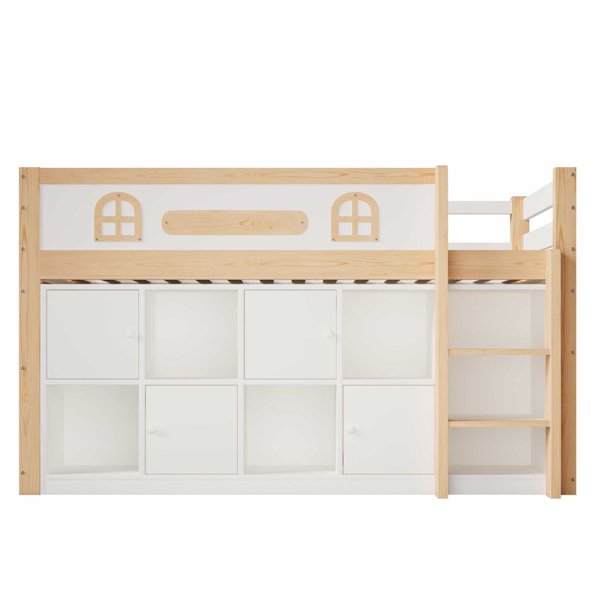 Cama semialta 90 x 200 cm – pizarra, estantes y escalera, sin colchón – blanco + natural