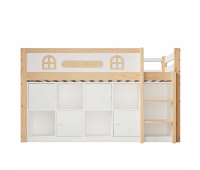 Cama semialta 90 x 200 cm – pizarra, estantes y escalera, sin colchón – blanco + natural