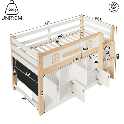 Cama semi-alta 90 x 200 cm u2013 quadro negro, prateleiras e escada, sem colchão u2013 Branco + Natural Cama semi-alta 90 x 200 cm u2013 quadro negro, prateleiras e escada, sem colchão u2013 Branco + Natural