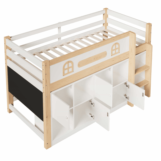 Cama semi-alta 90 x 200 cm u2013 quadro negro, prateleiras e escada, sem colchão u2013 Branco + Natural Cama semi-alta 90 x 200 cm u2013 quadro negro, prateleiras e escada, sem colchão u2013 Branco + Natural